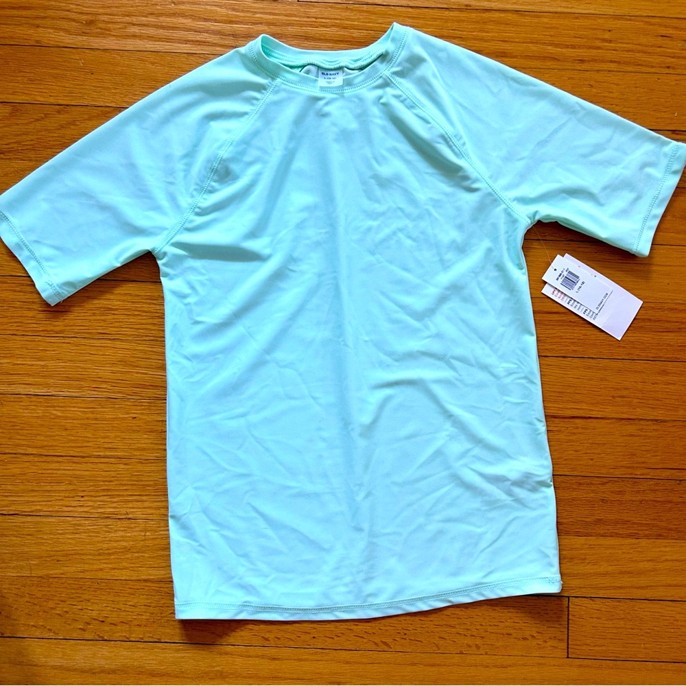 Old Navy Boys Size 10-12 Swim Rashguard in solid color aqua blue NWT